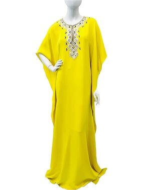 Oscar De La Renta Bright Yellow Embellished Kaftan Maxi Evening Gown Dress S-XL